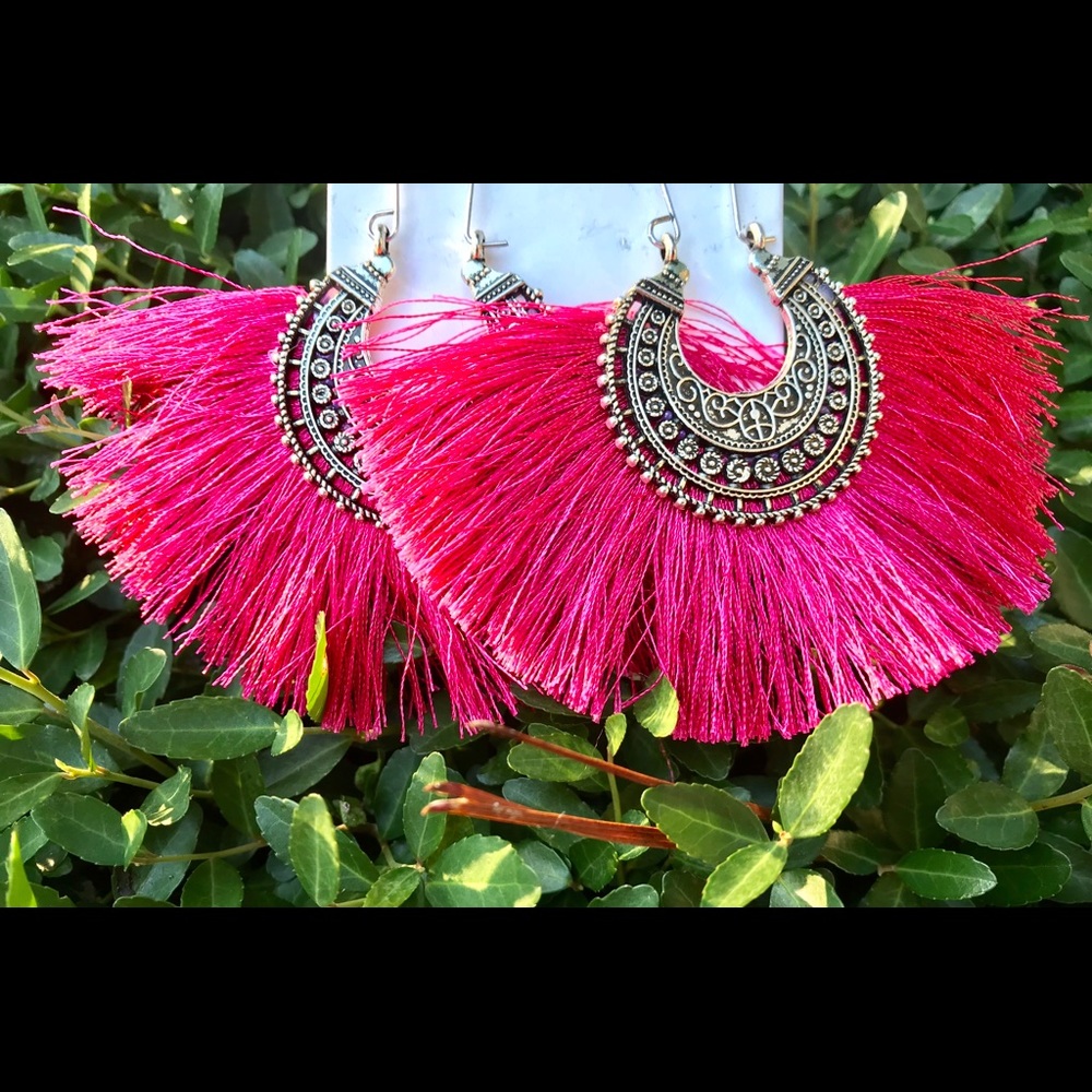 Fringe Frenzy! Hot pink fringe earrings - large
